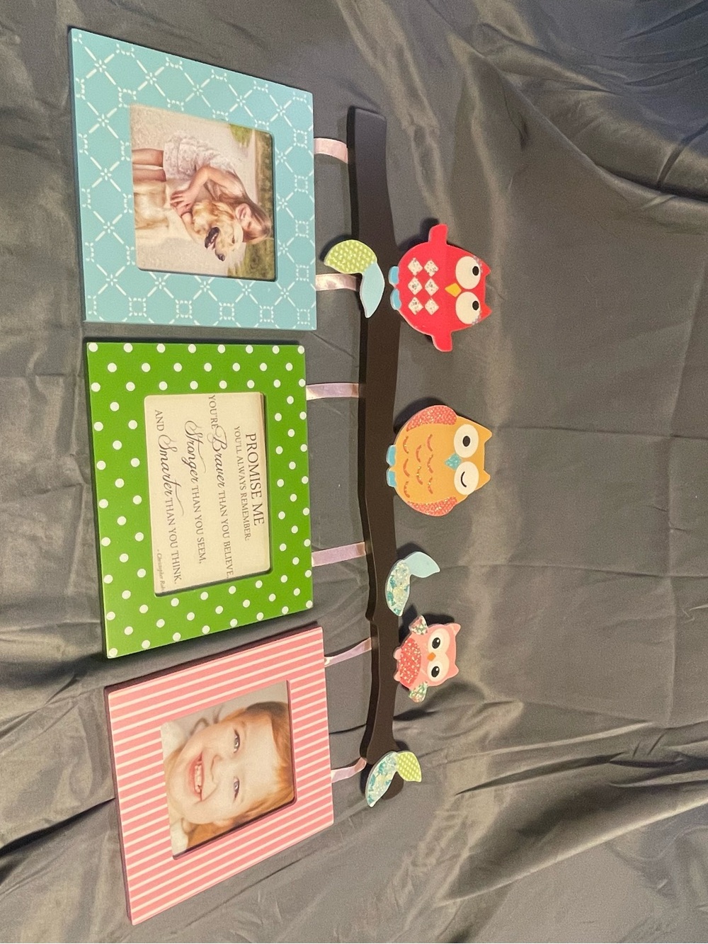 Whimsical Owl Triple Picture Frame - Pink, Green & Blue